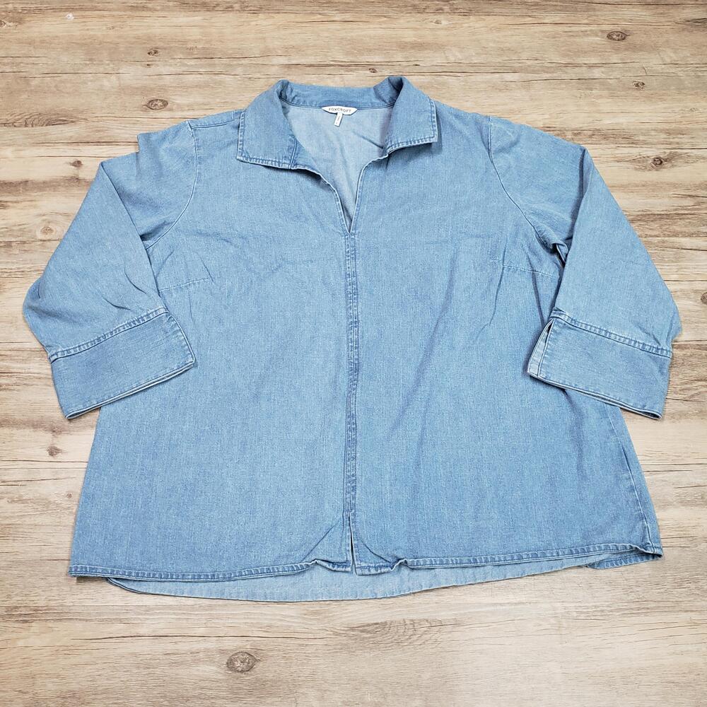 Foxcroft Blouse Womens Large Blue Chambray 3/4 Sleeve Pullover Tunic Top Soft
